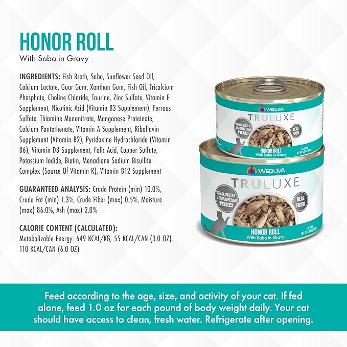 Weruva TruLuxe Cat Food, Honor Roll with Wild-Caught Saba in Gravy, 6oz Can (Pack of 24)