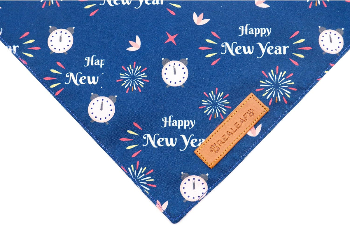Realeaf Happy New Year Dog Bandanas 2 Pack, Reversible Holiday Pet Scarf for Boy and Girl, Premium Durable Fabric, Bandana for Small Medium Large and XLarge Dogs (X-Large)