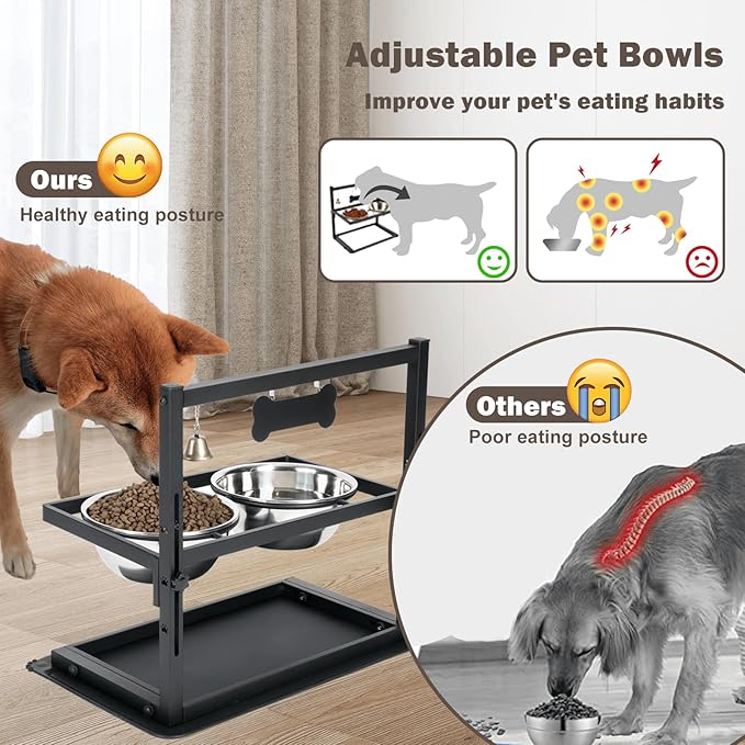 Elevated Slow Feeder Dog Bowls - Raised for Large Dogs, Adjustable Height, 2 Stainless Steel Bowls, Spill Proof Mat, Grey