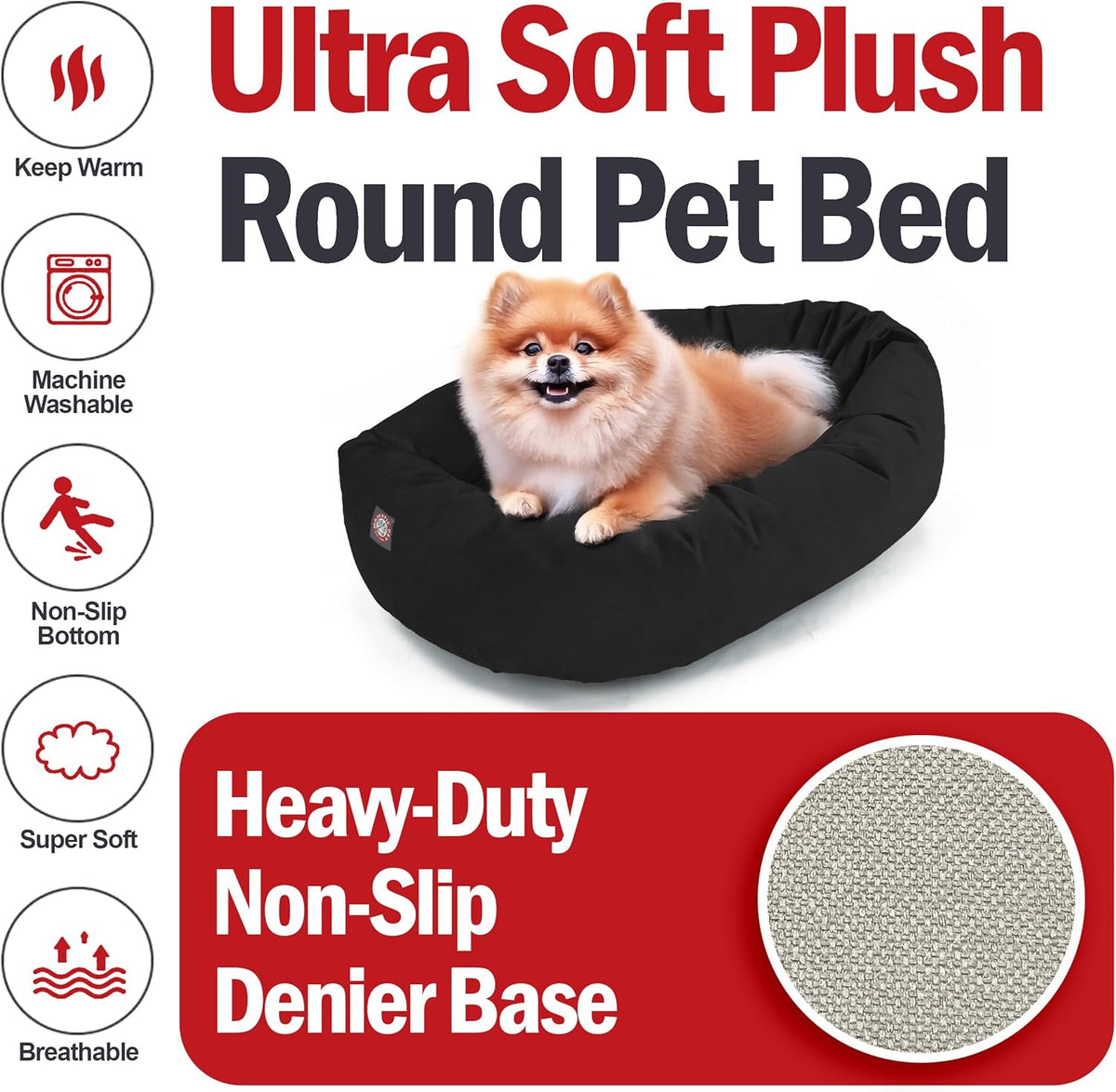 Majestic Pet 24 Inch Suede Shredded Memory Foam Mix Calming Small Dog Bed Washable 24 x 19 x 7 (Inch) - Cozy Soft Round Donut Dog Bed with Spine for Head Support - Pet Bed Black