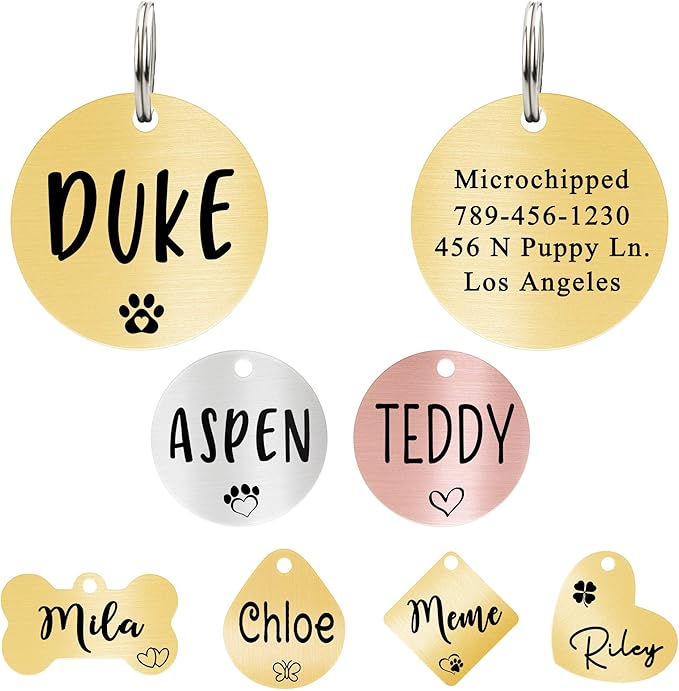Ultra Joys Custom Personalized Pet ID Tag - Brushed Stainless Steel Round Dog Tag Gold Small