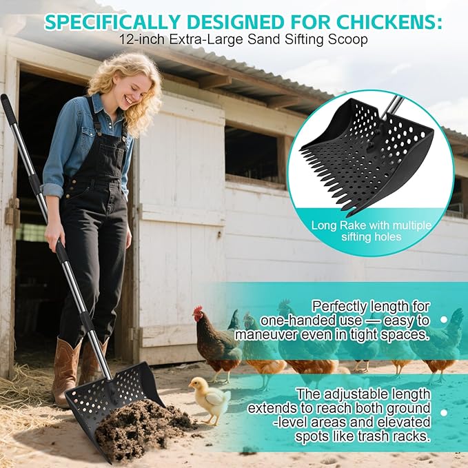 12-Inch 2-in-1 Chicken Poop Scooper & Rake – US Patent Pending – 3-Shape Sifting Holes Chicken Coop Rake，Stainless Steel Handle （20–61"）– Litter Scoop Sand & Sifting Shovel for Chicken Coops (Black)