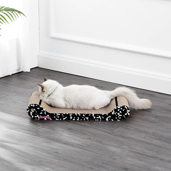 CSR1003B Rini 23.75" Modern Cardboard Lounge Bed Cat Scratcher with Built-in Bell Toys and Catnip, Black/White