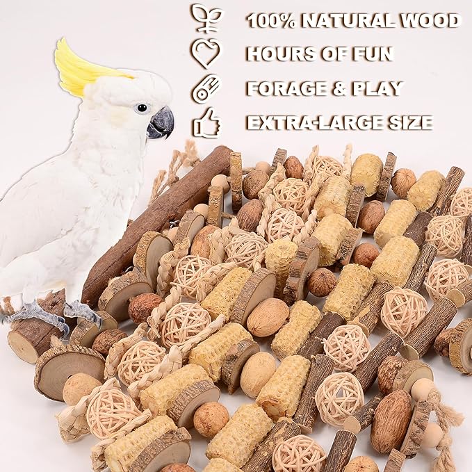 Extra Large Bird Macaw Chew Toys for Pets - Natural Wood - Heavy Duty Foraging and Destructive Play for Large Parrots - Bird Cage Accessories - for Macaw, Cockatoo, African Grey, Amazon Parrots