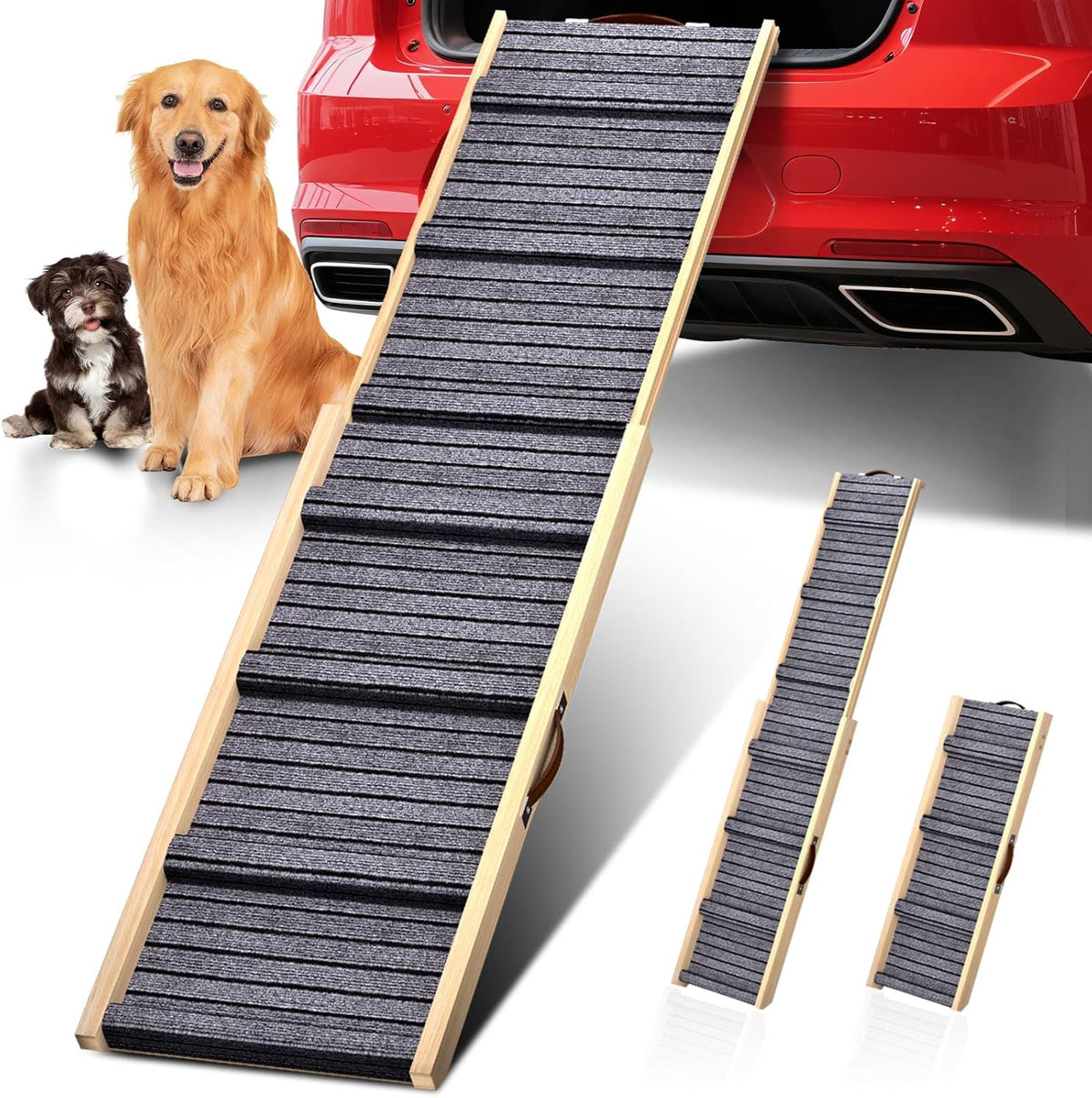 Dog Ramp for Car, 71''x 17'' Extra Long Deluxe Telescoping Design Wooden Pet Ramp, Pet Stair Ramps for Truck SUV with Non-Slip Surface, Portable Outdoor Dog Steps for Medium Large Dogs, Up to 250LBS