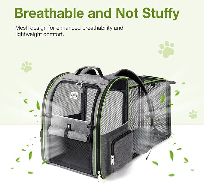 Lekebobor Large Cat Backpack Carrier Expandable Pet Carrier Backpack for Small Dogs Medium Cats Fit Up to 18 Lbs,Dogs Foldable Puppy Backpack Carrier for Travel, Hiking,Grey with Green Edge,L
