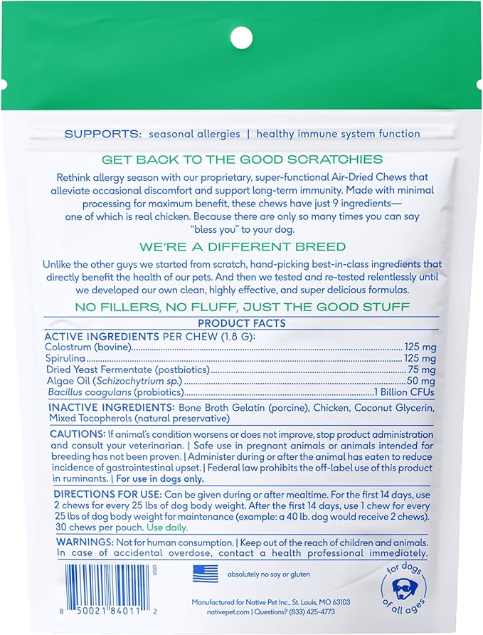Native Pet Dog Allergy Chews - Dog Allergy Relief with Probiotics and Colostrum for Itchy Skin Relief to Support Seasonal Allergy and Healthy Immune System - All Natural Anti-Histamine - 120 Chews