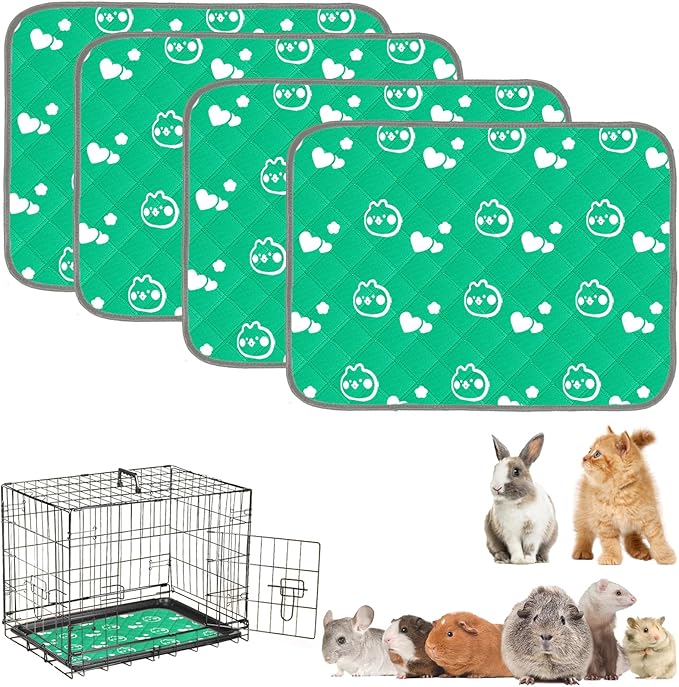 4 Pack Guinea Pig Bedding - Washable Guinea Pig Cage Liners, Waterproof Reusable & Anti Slip Pee Pads Super Absorbent Mats for Small Animals Pet Rabbit Bunny Hamster Rat (Green, 24 x 18 Inch)
