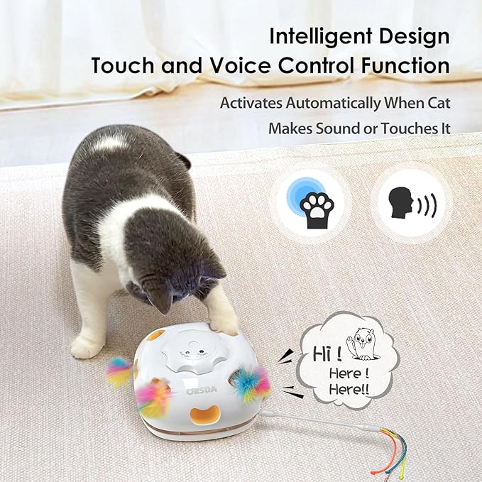 ORSDA Cat Toys for Indoor Cats 4 in 1 Interactive Automatic Cat Toys for Bored Indoor Adult Cats Kitten Toy Rechargeable 8 Hole Mice Whack-A-Mole, Hide and Seek, Moving Feather, 5PCS DIY Replacement