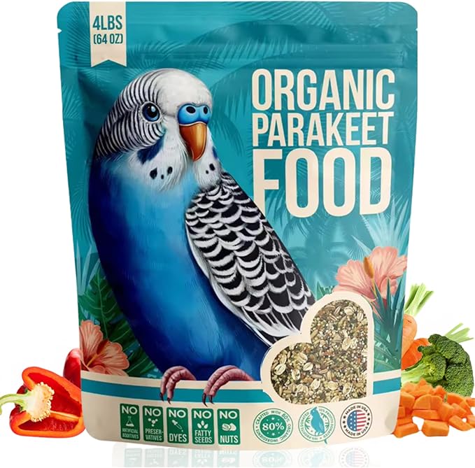 80% Organic Parakeet Food - No Fillers, Fatty Seeds, or Dyes - Budgies, Lovebirds & Parrotlets - Premium Human Grade Seed Mix, Grain & Wholesome Veggies – Made in USA (4 lbs)