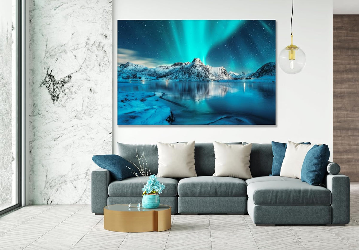 Nature Wall Art Prints - Ocean Forest Mountain Lake Canvas Landscapes - Small to Extra Large Living Room Bedroom Kitchen Bathroom Décor (Northern Lights Over Lake, 16L" x 24W")