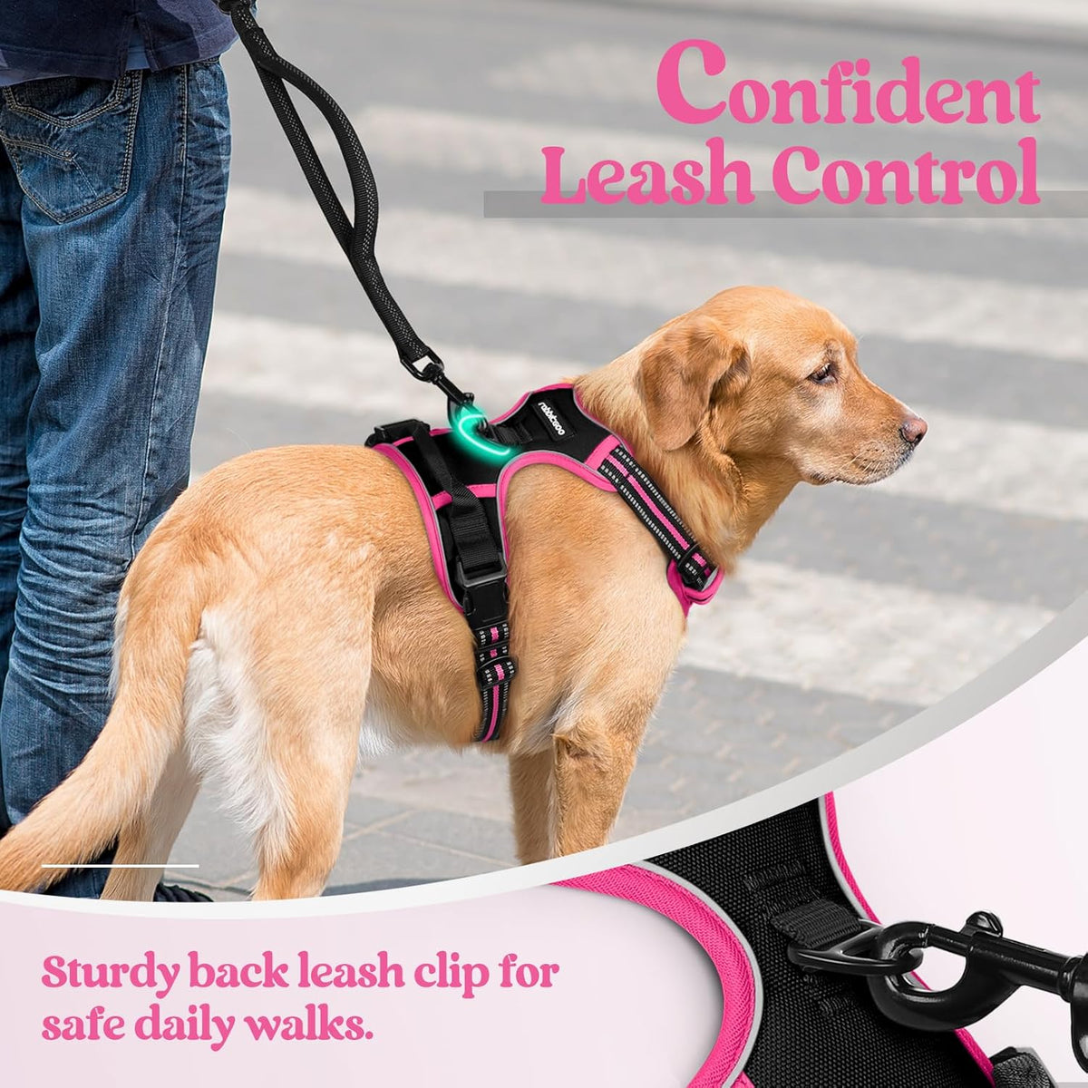 rabbitgoo Dog Harness No Pull with 2 Leash Clips, Adjustable Soft Padded, Reflective Oxford No Choke Pet Vest with Easy Control Handle for Large Dogs, Black & Hot Pink, L