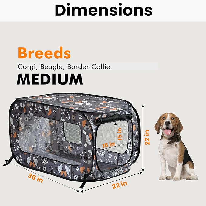 Beatrice Home Fashions Portable, Collapsible, Pop Up Kennel Travel Cat and Dog Crate, 36" L x 22" W x 22" H, Face of Love