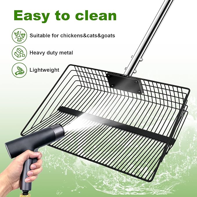 12inch Large Chicken Poop Scooper，2 Widths of Slots Litter Sifting Shovel （23 to 66"），Chicken Coop Litter Scoop with Stainless Steel Handle, 4 in 1 Multifunctional Heavy Duty Chicken Coop Accessories