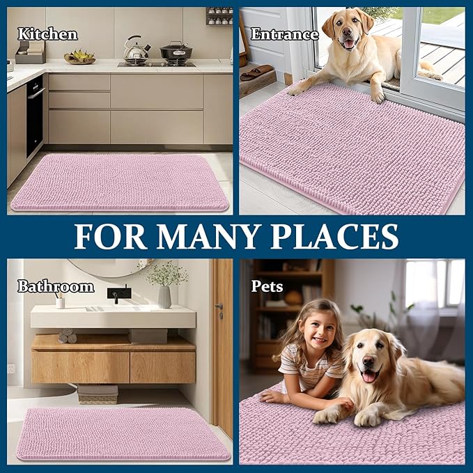 OLANLY Dog Door Mat for Muddy Paws 36x24, Absorbs Moisture and Dirt, Absorbent Non-Slip Washable Doormat, Quick Dry Chenille Mud Mat for Dogs, Entry Indoor Entryway Carpet for Inside Floor, Dusty Rose