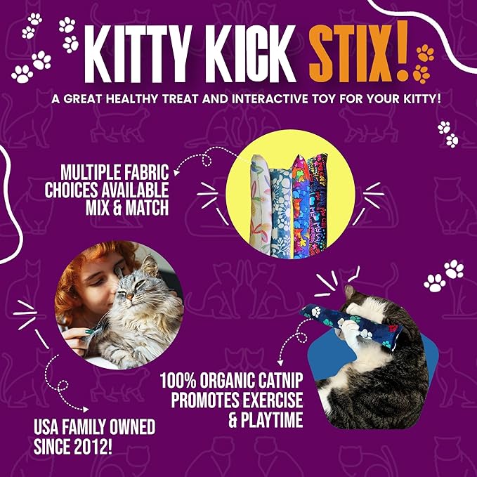 Kitty Kick Stix 15" Original Catnip Kicker Toy (Set of 2), Handmade in USA by Cat Lovers, Interactive Natural Cat & Kitten Toy, Packed with 100% Potent Catnip for All Breeds (Happy Cats)