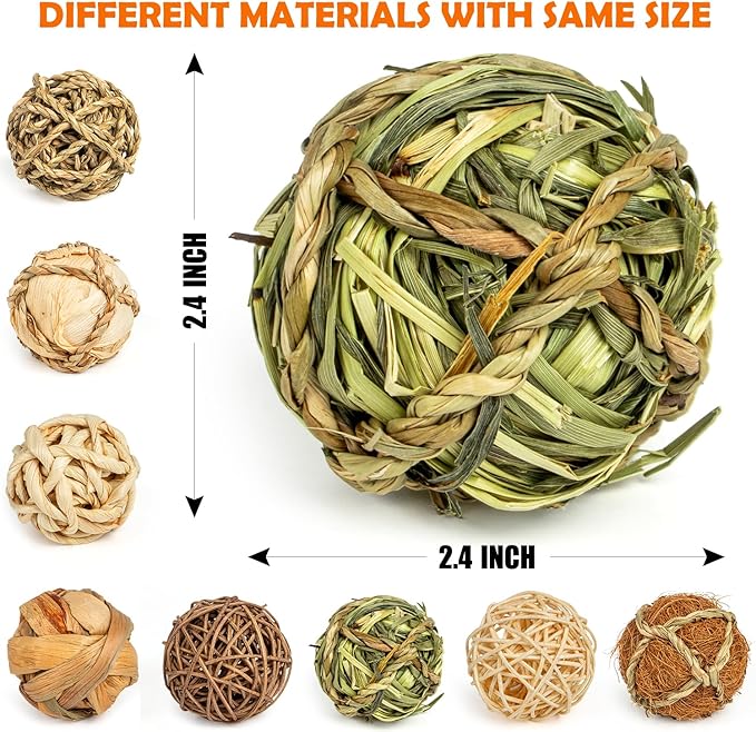 Sofier Rabbit Guinea Pig Bunny Toys 8 Pcs Chew Grass Balls Natural Chews for Rodents Teeth Handmade Enrichment Treats Chinchilla Guinea Pigs Rat Hamster Gerbil Mice
