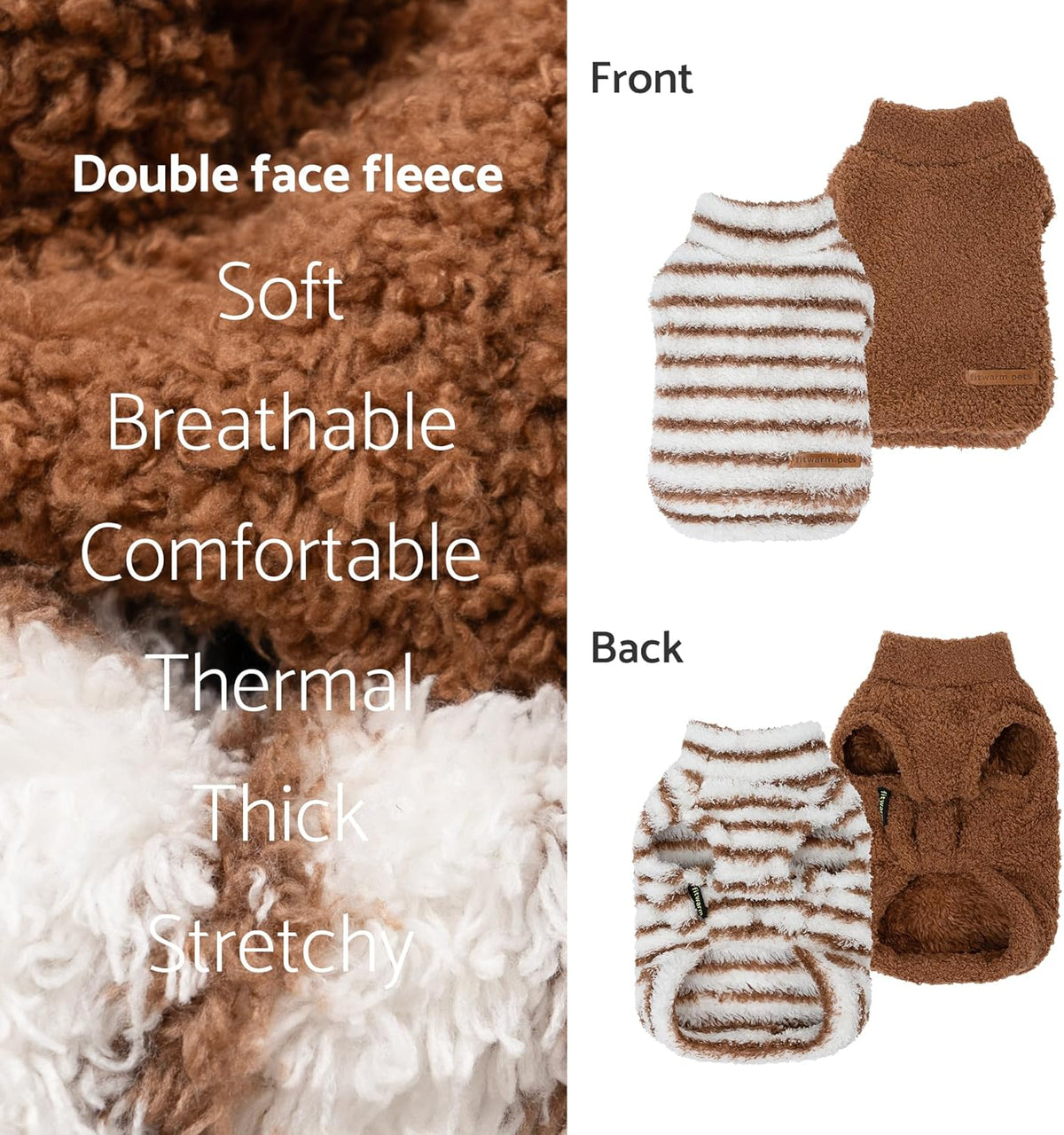 Fitwarm 2 Pack Striped Fleece Dog Sweater, Warm Winter Clothes for Small Dogs Boy Girl, Fuzzy Pet Outfit, White, Brown, Large