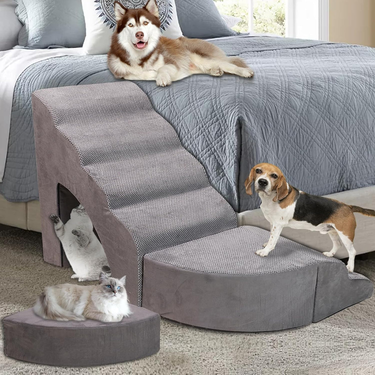 Foam Dog Stairs & Steps Ramps for High Beds 30 inches Tall for Small Dogs and Cats, LitaiL 6 Step Pet Stairs Steps for High Beds 30 inch Large Dogs, Non-Slip Dog Ramps for Older Cat