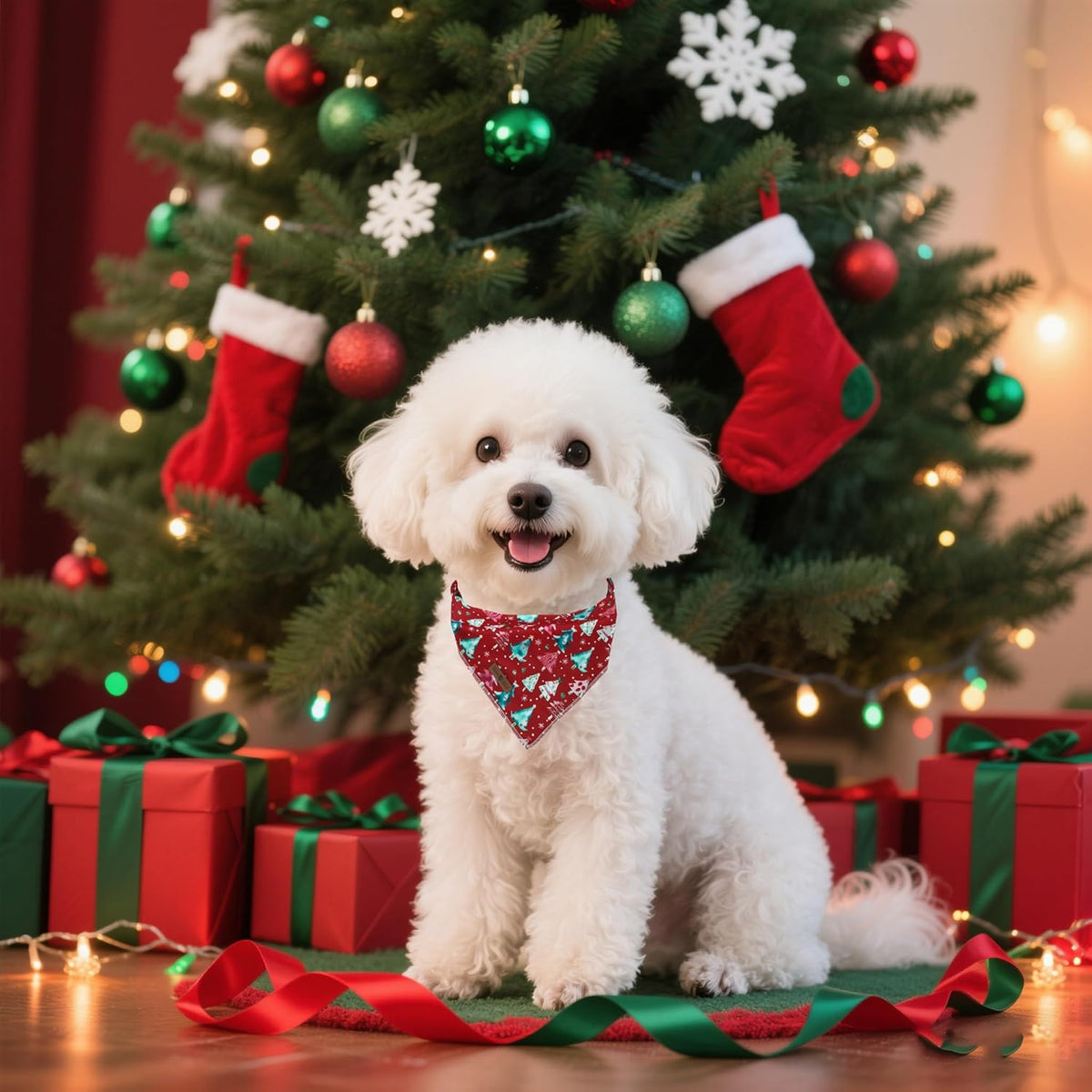 lionet paws Christmas Dog Bandana,Christmas Tree Fabric Dogs Kerchief for Small Medium Dogs,Dog Cotton Red Triangle Bibs Scarf for Girl Boy