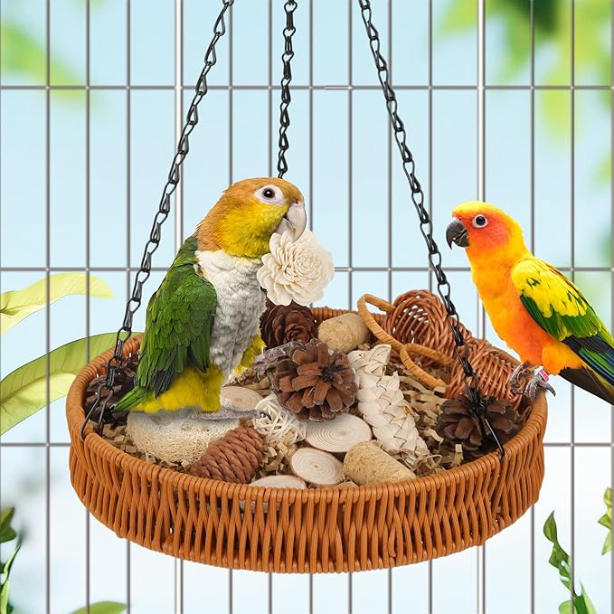 Natural Bird Toy Rattan Bird Foraging Box Parrot Shredding Toys Box Conure Chewing Toys for Cockatiel Lovebird Parakeet Budgie(Round 9.84inch)