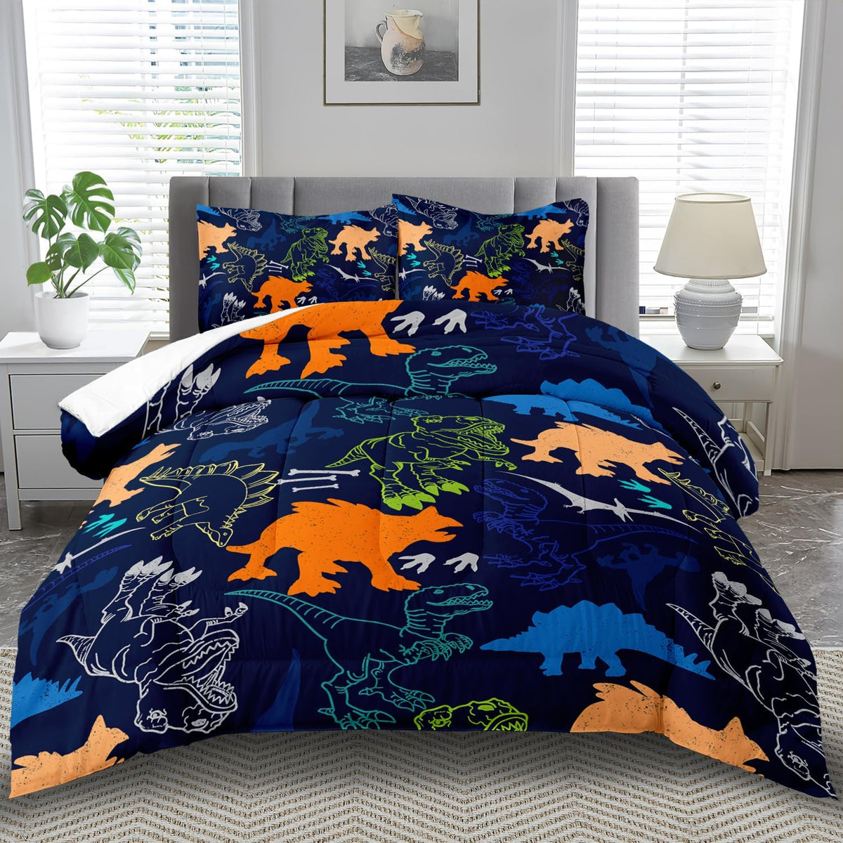 Blue Dinosaur Comforter Set Full Boys,Cute Dinosaur Bedding Set Full for Kids,Kawaii Dragon Comforter Blue Bedroom Decor,Cute Animal Bedding Kawaii Animal Quilt Boys