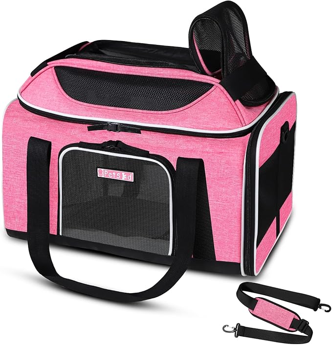 Petskd Top-Expandable Pet Carrier 17x11x9.5 Inches Alaska Airline Approved, Soft-Sided Carrier for Small Cats and Dogs with Locking Safety Zippers and Anti-Scratch Mesh(Pink)