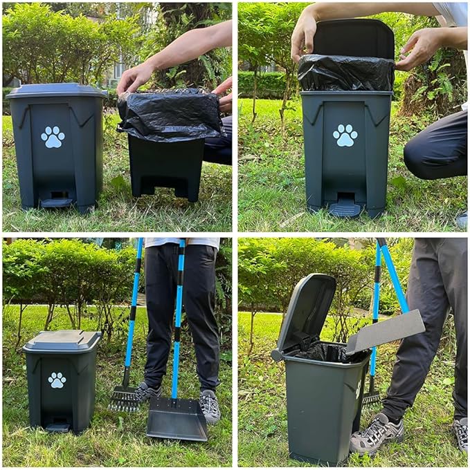 Dog Poop Trash Can for Outdoors with Extra Large Pooper Scooper & 50 Waste Bags - 20L/5 Gallon Large Dog Poop Trash Can Outside with Lid and Removable Inner Bucket Waterproof Odor Control for Backyard