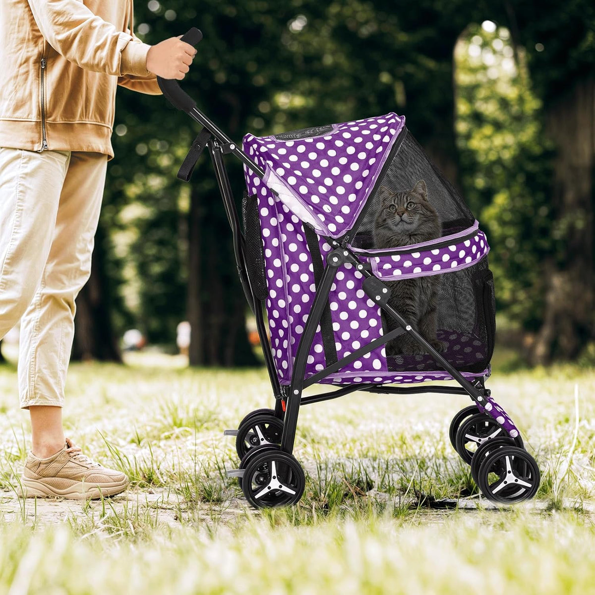 Magshion Compact Pet Stroller for Small-Medium Dogs/Cats up to 22lbs, 4-Wheel Lightweight Umbrella Shaped Portable Puppy Travel Jogger with Breathable Mesh & Rear Storage, Purple Polka Dots