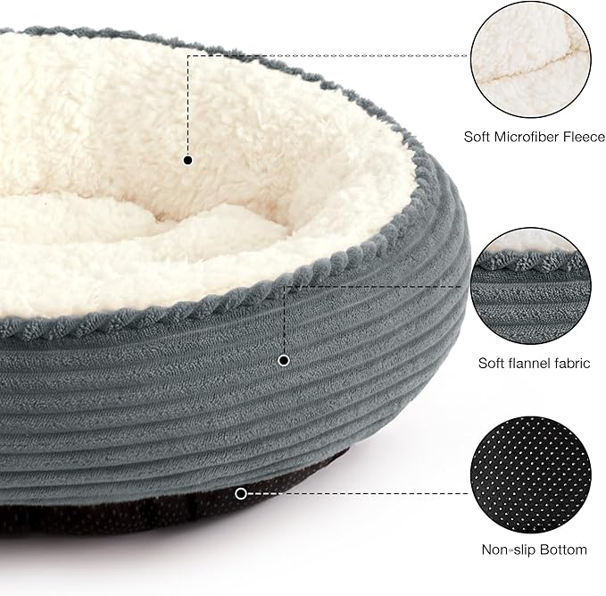 Love's cabin Round Donut Cat and Dog Cushion Bed, 25in Pet Bed for Small or Medium Dogs, Anti-Slip & Water-Resistant Bottom, Soft Durable Fabric Pet Beds, Washable Calming Cat Bed BluishGrey Stripe