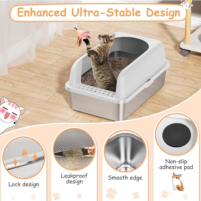 Stainless Steel Litter Box with Lid, Metal Litter Box with Cat Litter Mat,Extra Large Enclosed Cat Litter Boxes for Multiple Cats, Anti-Leakage,Non-Stick, Easy to Clean, Included Mat, Scoop