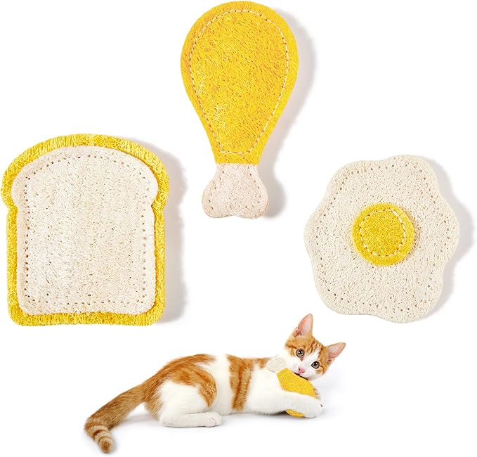 Potaroma Loofah Cat Chew Toys with Catnip and Silvervine, 3PCS Interactive Kitten Loofa Dental Teething and Biting Catnip Toys for Cat's Dental Cleaning, 3.2 Inches