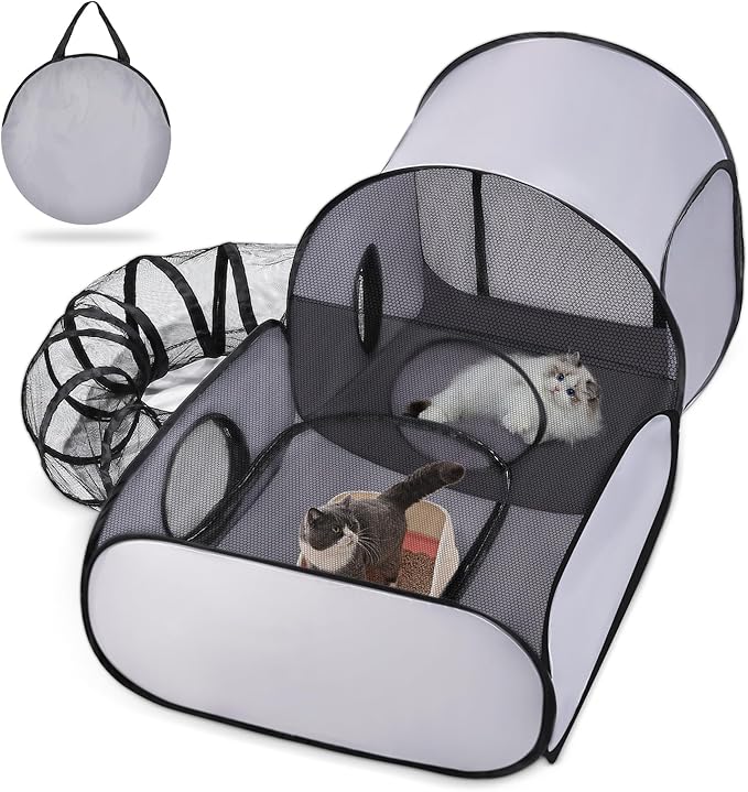Dog Playpen with Surround Tunnel, Outdoor/Indoor Cat Playpen with Breathable Soft Sides，Tailtastic Cat Enclosure Tent for Small Animals, Portable Cat Tent with Carry Bag (Large)