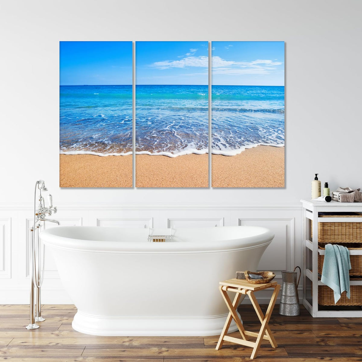 Nature Wall Art Prints - Ocean Forest Mountain Lake Canvas Landscapes - Small to Extra Large Living Room Bedroom Kitchen Bathroom Décor (Sandy Ocean Beach, 55L" x 83W"- 3 Panels)