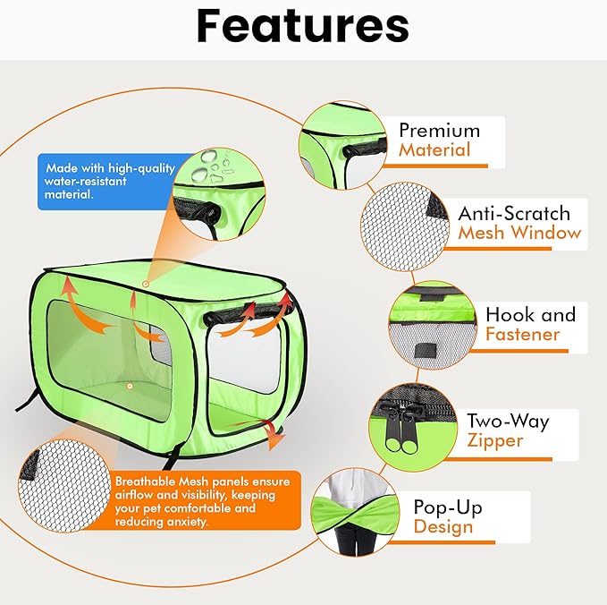 Beatrice Home Fashions Portable, Collapsible, Pop Up Kennel Travel Cat and Dog Crate, 32.5" L x 19.5" W x 19.5" H, Green