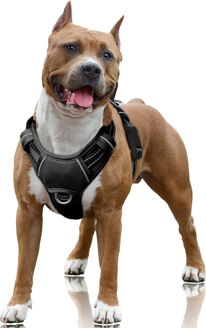 BARKBAY No Pull Dog Harness Large Reflective Dog Harness with Front Clip and Easy Control Handle for Walking Training Running with ID tag Pocket(Black,L)