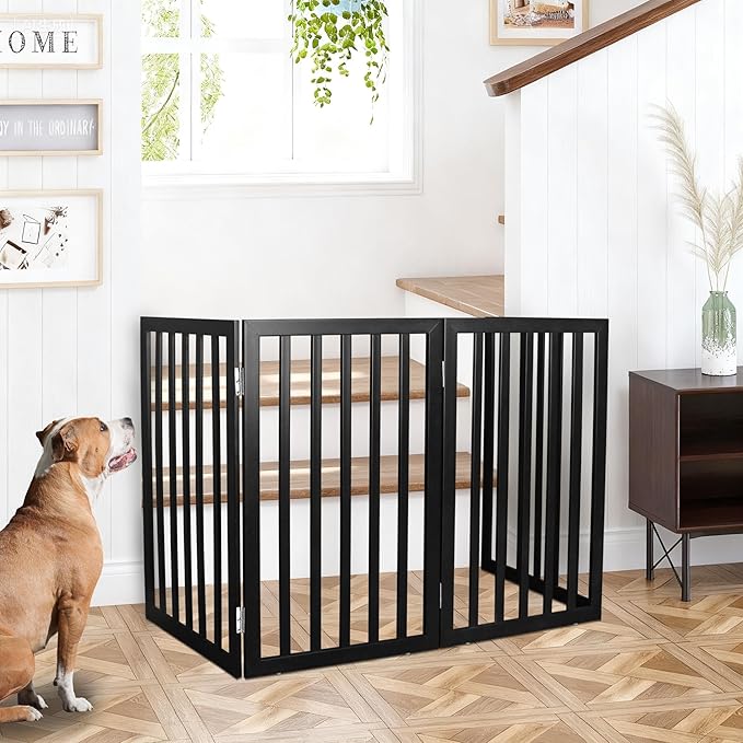 ZJSF Freestanding Indoor Dog Gate for House Foldable Wood Black Puppy Gate for Doorways Pet Gate for Stairs Extra Wide Pet Fence 24" Height 2 Panels
