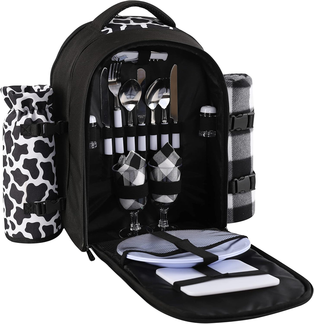 apollo walker Picnic Backpack Bag for 2 Person with Cooler Compartment, Detachable Bottle/Wine Holder, Fleece Blanket, Plates and Cutlery Set (2 Person, Black)