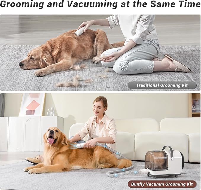 Bunfly Dog Grooming Kit,13000Pa Strong Grooming & Vacuum Suction 99.99% Pet Hair, 16 Pet Grooming Tools for Dogs Cats, 3L Large Capacity Dust Cup, Quiet Pet Vacuum Groomer (Silver & White)