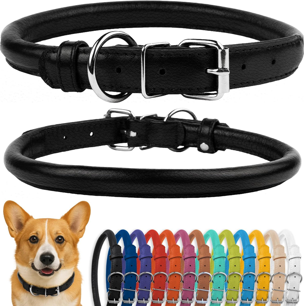 CollarDirect Rolled Leather Dog Collar, Soft Padded Round Puppy Collar, Handmade Genuine Leather Collar Dog Small Large Cat Collars 13 Colors (11-14 Inch, Black Textured)