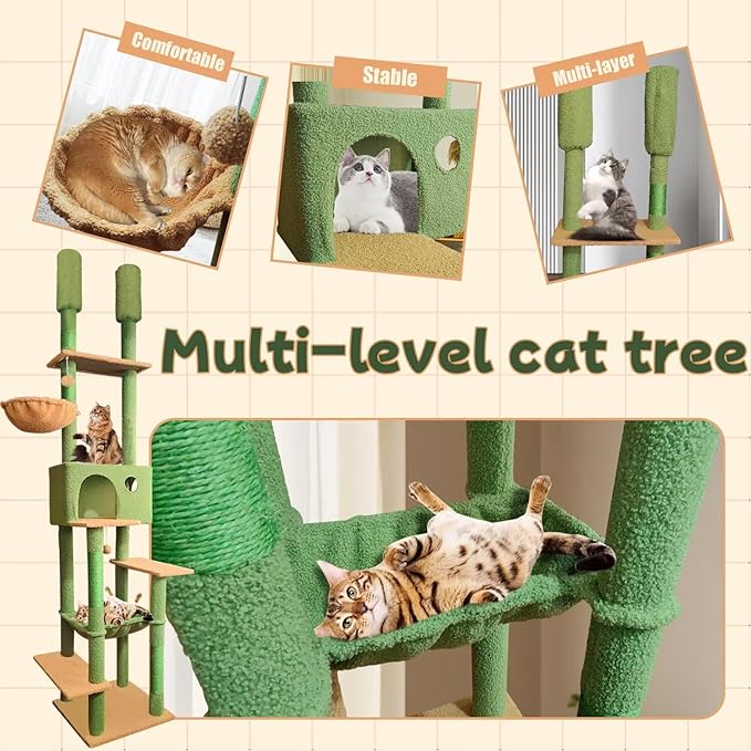 96.5"-108" Cat Tree Floor to Ceiling 7-Tier Cat Tower Adjustable Height with Scratching Posts, Cozy Hammock, Cat Condo for Indoor Cats(Green)
