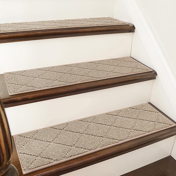 COSY HOMEER Edging Stair Treads Non-Slip Carpet Mat 28inX9in Indoor Stair Runners for Wooden Steps, Edging Stair Rugs for Kids and Dogs, 100% Polyester TPE Backing (15pc, Beige)
