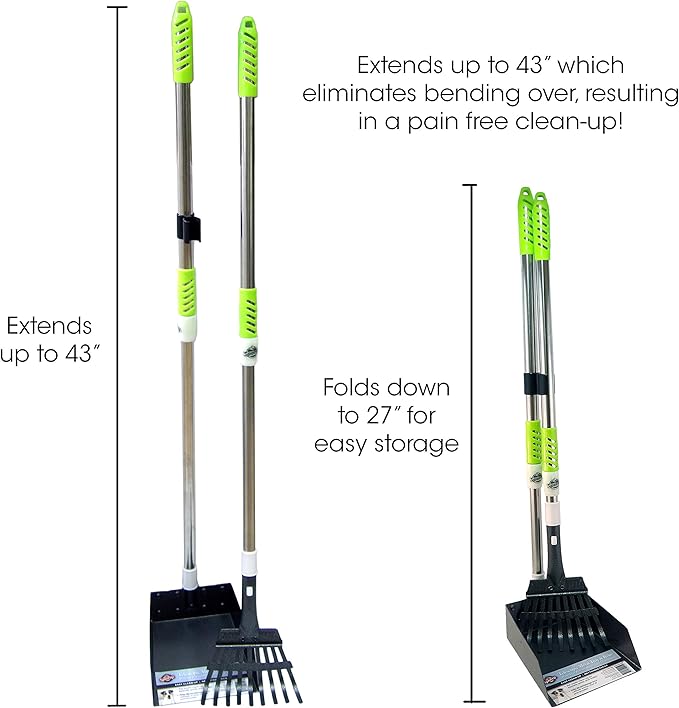 Aluminum Telescoping Metal Handled Poop Tray with Rake Sturdy Lightweight Pooper Scooper Extends 43" Long Scoop Great for Large & Small Dogs (2154)