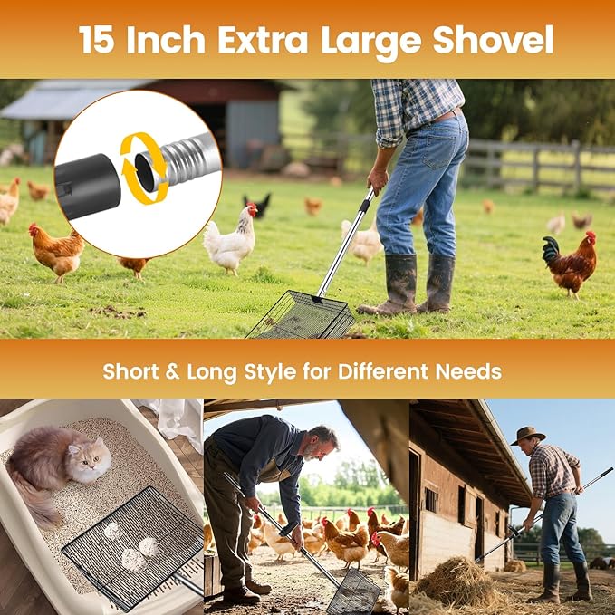15 inch Extra Large Chicken Poop Scooper with Ergonomic Grip,5-in-1 Heavy Duty Adjustable Coop Scoop for Poop (24 to 68"), Stainless Steel Sifting Litter Shovel Scoop for Chicken Coop