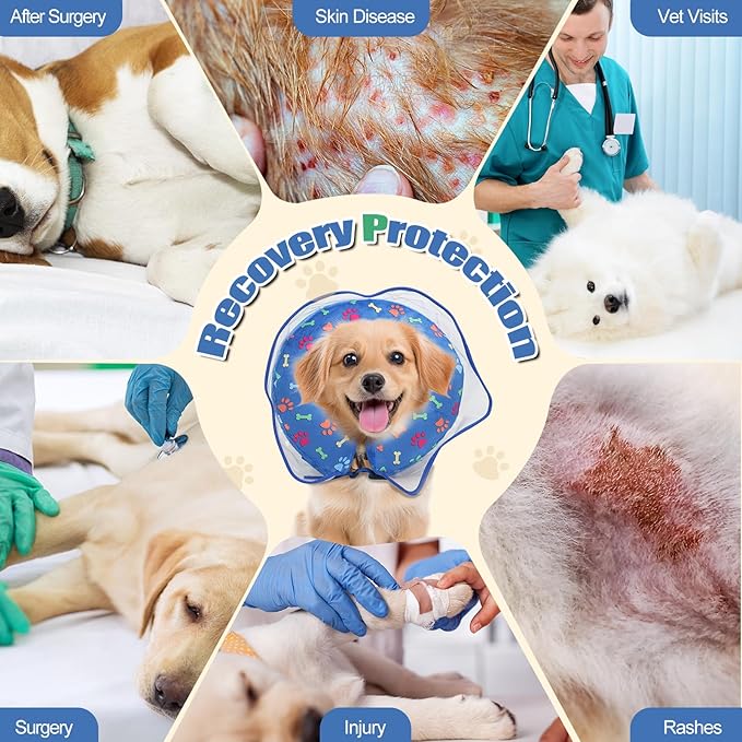 Inflatable Dog Cone Collar, Adjustable Size Soft PVC 2-in-1 Dog Donut Collar After Surgery with Detachable, Inflatable Collar for Small Medium Large Dogs and Cats (Blue, XL)