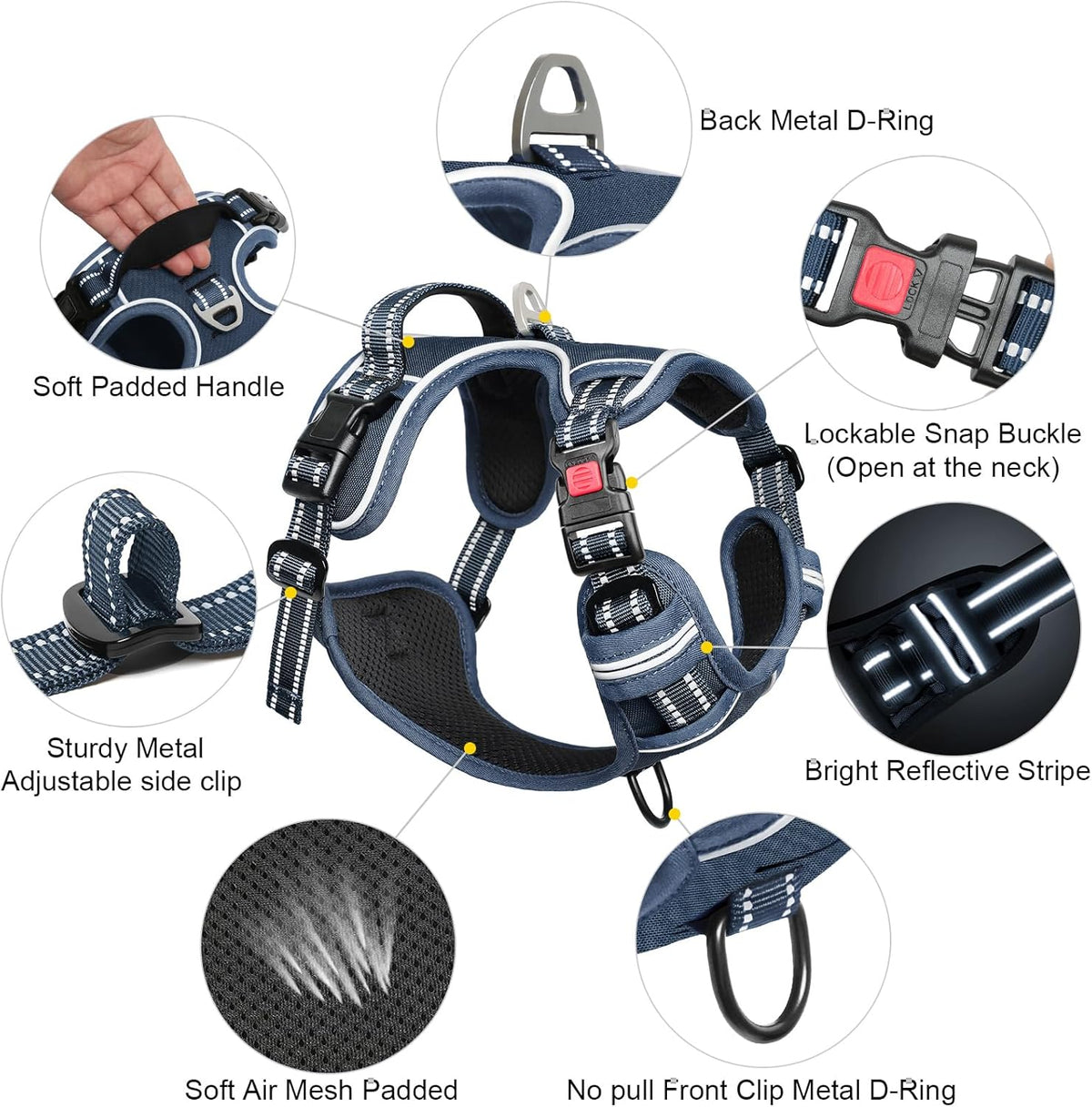 Timos Dog Harness Small Sized, No Pull Pet Harness with Neck Lockable Snap,No Choke Front Clip Dog Reflective Vest,Adjustable Metal Rings 3 Buckles,Easy Control Handle for Small Dogs Royal Blue S
