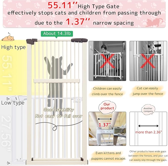 Lumizone Extra Tall Pet Gate 55.12" High Pressure Mounted 30.12"-34.05" Extra Wide (9 Sizes) 1.37" Gap for Cat Dog Stairs Doorway Hallway No Drilling Auto-Close (30.12"-34.05" W, Cream White)