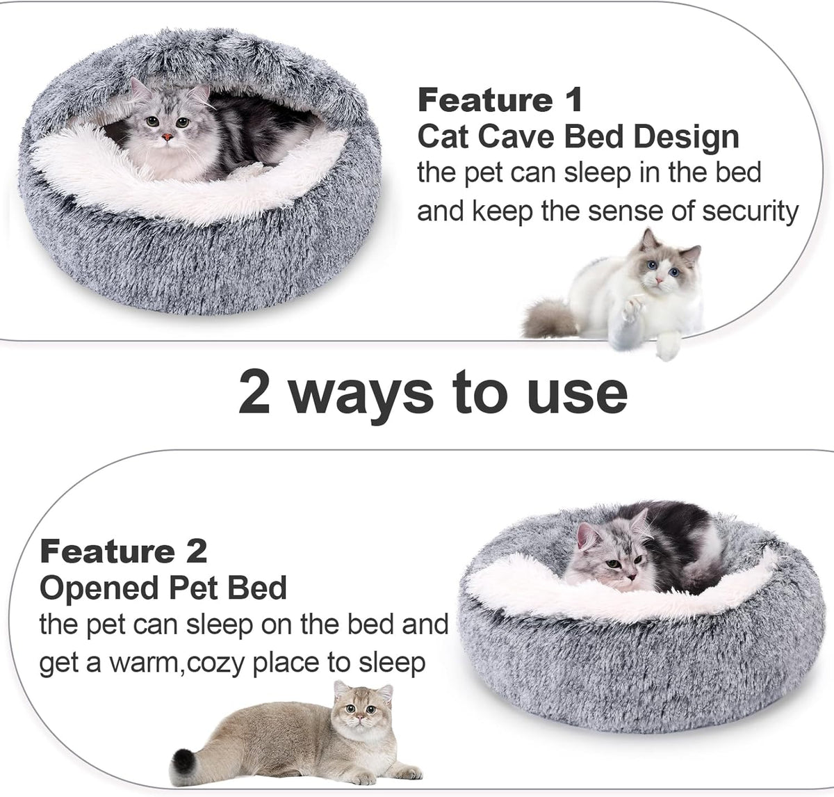 Calming Dog Beds & Cat Cave Bed with Hooded Cover,Removable Washable Round Beds for Small Medium Pets,Anti-Slip Faux Fur Fluffy Coved Bed for Improved Sleep,Fits up to 15/25 lbs(Grey,M)