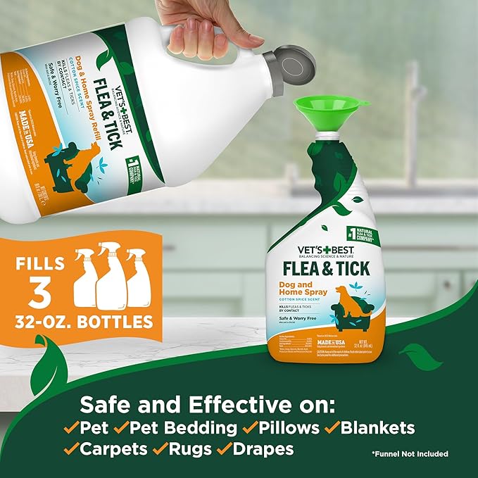 Vet's Best Natural Flea & Tick Home Spray for Dogs – Cotton Spice Scented Indoor Pest Control Spray – Natural Flea & Tick Protection with Certified Plant-Based Ingredients – Made in USA – 96 oz Refill