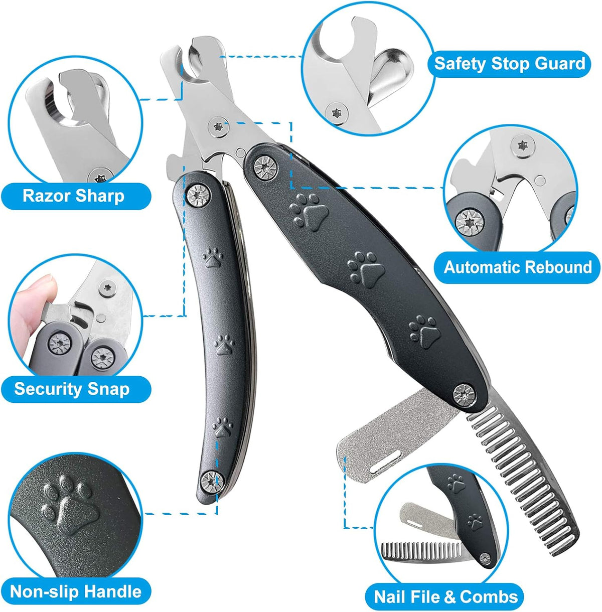 Best Dog Nail Trimmers for Anxiety Sensitive Dogs, Quiet Sharpest Smoothest Nail Clippers for Large Dog Medium Small, Professional Stainless Steel with Nail File & Comb, Left-Handed Friendly